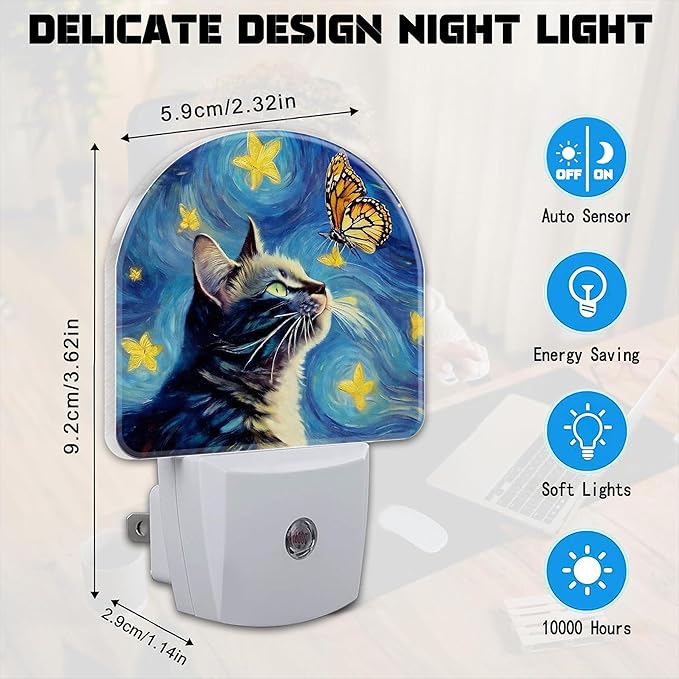 Cat and Butterfly Night Light for Kids, Starry Night Oil Painting Plug in Night Light with Dusk to Dawn Sensor, 0.5w Energy Saving Nightlight for Hallway Stairway Kitchen Bedroom