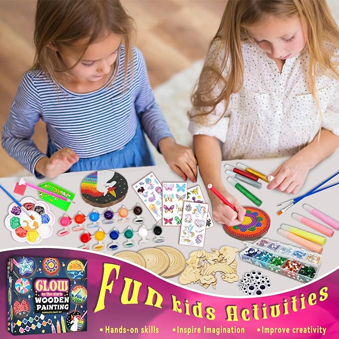 klmars Kids Wooden Painting Kit-Glow in The Dark-Arts & Crafts Gifts for Boys Girls Ages 5-12-Craft Activities Kits - Creative Art Toys for 5, 6, 7, 8, 9, 10, 11 & 12 Year Old Kids
