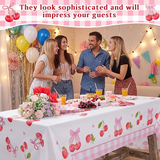 Pickmesh 194 Pcs Cherry Party Decorations for 24, Pink Cherry Bow Paper Plates and Napkins Cups Tablecloth Cutlery Coquette Gingham Tableware Set for Baby Shower Birthday Party Supplies