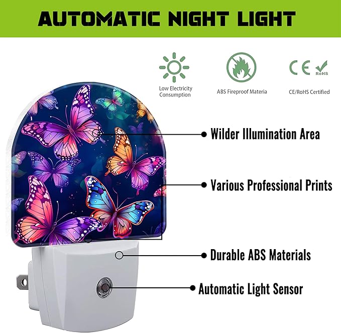Magic Glowing Butterflies Night Light for Kids,Colorful Flying Butterfly Plug in Night Light with Dusk to Dawn Sensor, 0.5w Energy Saving Nightlight for Hallway Stairway Kitchen Bedroom