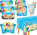 Beach Theme Party Supplies, Summer Pool Pack Includes: Paper Dinner Plates, Dessert Plates, Luncheon Napkins, Cups and Tablecloth for Hawaiian Party Birthday Decorations, Serve 25