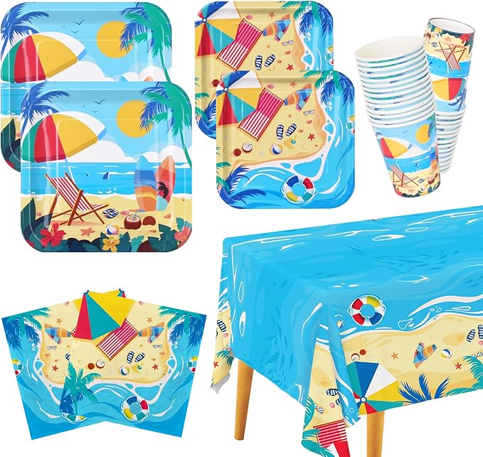 Beach Theme Party Supplies, Summer Pool Pack Includes: Paper Dinner Plates, Dessert Plates, Luncheon Napkins, Cups and Tablecloth for Hawaiian Party Birthday Decorations, Serve 25