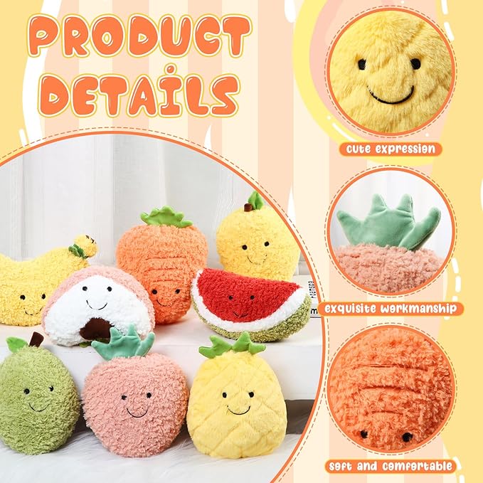 Simgoing 8 Pcs Cute Fruit Plush Pillow Stuffed Fruit Toy 8 Inch Avocado Banana Watermelon Peach Strawberry Mango Carrot Pineapple Plush Toy Kawaii Hugging Plushies for Boys Girls Party Favors