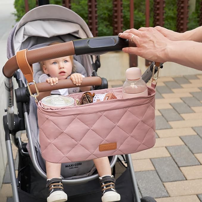 Beautiful Stroller Caddy Organizer With 2 Cup Holders – Luxury Stroller Bag, Universal Fit, Leather Straps & Zipper Pocket – Spacious Accessories Perfectly Fits Doona, Nuna & Uppababy Strollers