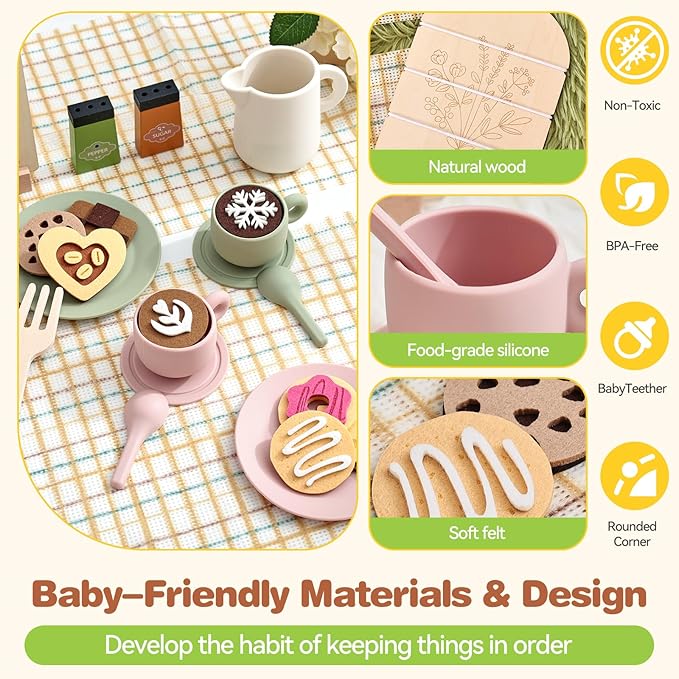 Youuys Tea Party Set for Toddlers 3-5, Wooden & Silicone Pretend Play Tea Set with Desserts, Table Decor Board & Basket, Garden Tea Party Toy for Girls Boys, Birthday Gift for Kids Ages 3+