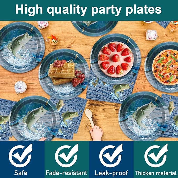 Gone Fishing Party Decorations Fishing Tableware Set Gone Fishin' Plates Napkins Disposable Table Cover Fishin' Dinnerware for True North Vbs Decorations Fish Themed Tournament Birthday Party Supplies