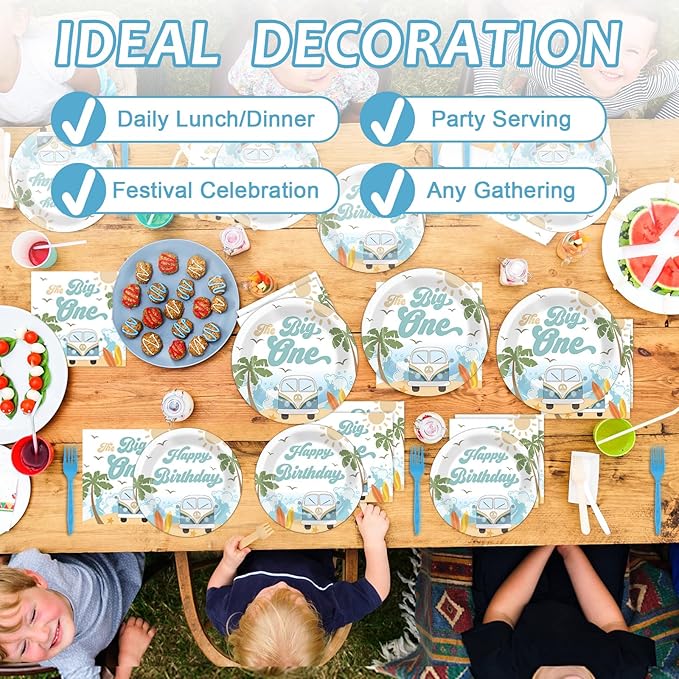 200pcs Summer Beach The Big One Party Plates Napkins Boy Surfing First Birthday Tableware Set Hawaiian Palm Tree Cake Dessert Disposable Dinnerware Retro Wave Decor for Baby Shower Supplies Serves 50