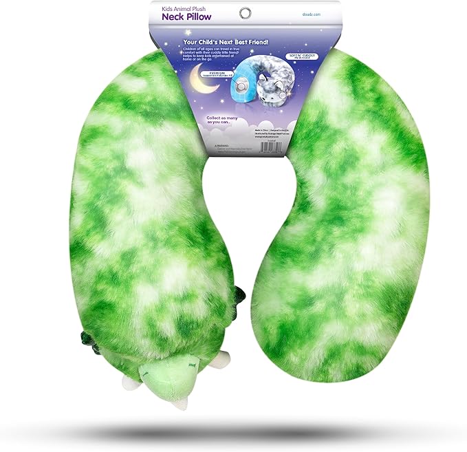 Cloudz Kids Super Soft N' Cuddly Animal Airplane Travel Neck Pillow! Keep Children Comfy and Supported with a Buddy While Traveling or just Resting at Home - Green Dino