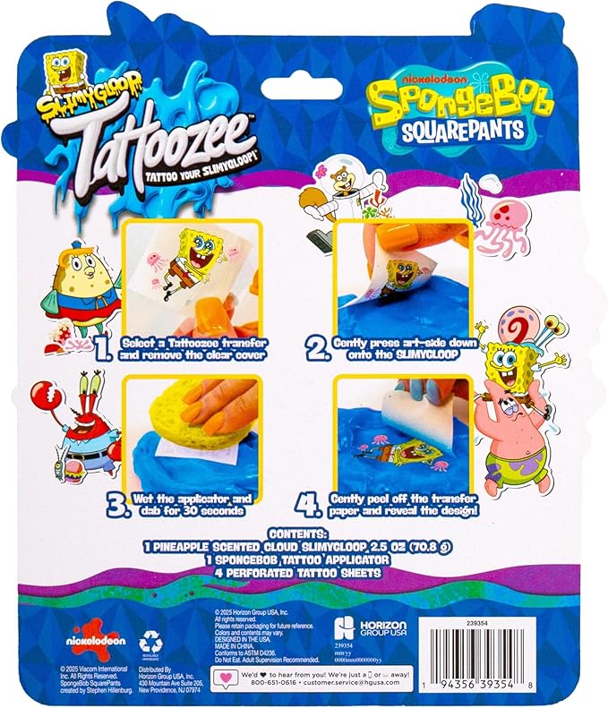 SLIMYGLOOP Tattoozee, Spongebob Squarepants Tattoo Transfer Slime Kit, Sensory Play for Kids Ages 6+, Pineapple Scented, Cloud Texture