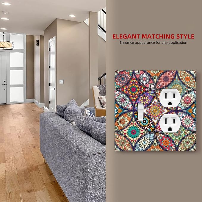 Boho Floral Pretty Colorful Mandala Flowers Wallplates 1 Toggle 1 Duplex Switch Plate Electrical GFCI Faceplate Decorative Light Switch Covers for Bedroom Living Room Decor