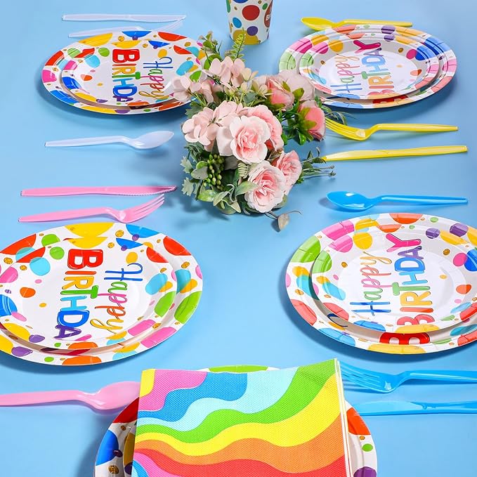 Meanplan Serves 24 Guests Happy Birthday Plates and Napkins Rainbow Polka Dot Birthday Tableware Set Rainbow Dot Party Decorations for Kids Included Cups Knives Forks Spoons Total 168 Pcs