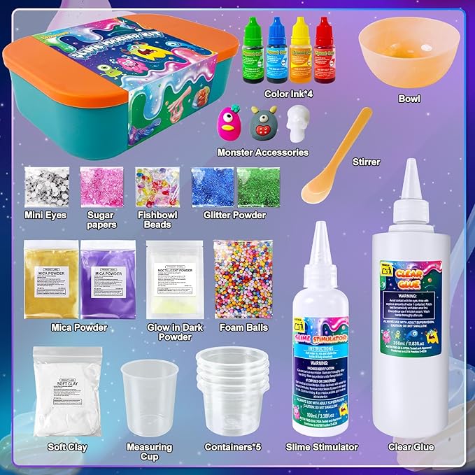 YOPINSAND Monster Slime Kit for Girls, Galaxy Slime Making Kit for Girls Boys 3-12, Glimmer Crunchy, DIY Slime Kit with Add-ins, Foam Balls, Charms, Glitters,Party Favors Gift Toys for Kids