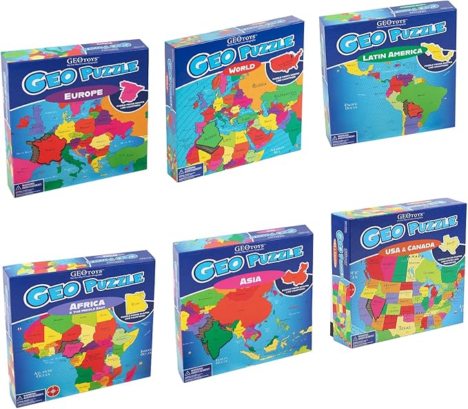 GeoToys GeoPuzzle, Country Jigsaw Puzzles Set of 6, Geography Game & Map Puzzle, Educational Games & Kids Learning Activities, Puzzle Gifts for Children Ages 6-9, Fun Learning Toys for Kids