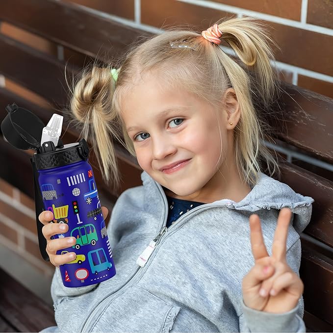 GOPPUS Kids Water Bottle (Straw Lid) - 18 Oz Stainless Steel Travel Bottle, Double Wall Vacuum Leak Proof Kids Cup for School Boys Girls,Blue engineering car