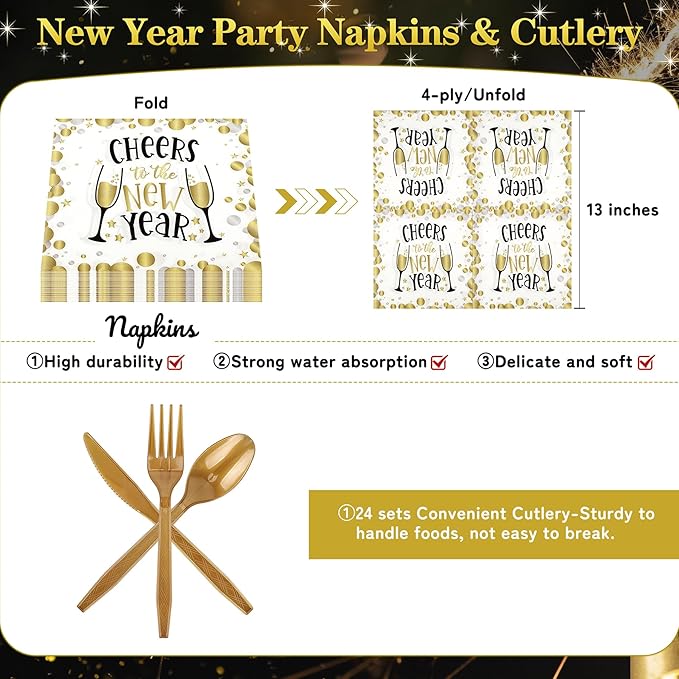 168pcs Happy New Year Party Supplies, White and Gold Paper Plates Napkins Cups and Gold Cutlery for 24 Guests, 2026 New Year Disposable Tableware Supplies for Party Decorations