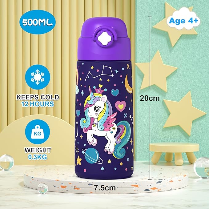 Girls Insulated Water Bottle with Covered Pop-Up Straw,16 oz Kids Cups with Stainless Steel Leak Proof for School（Unicorn-Purple）