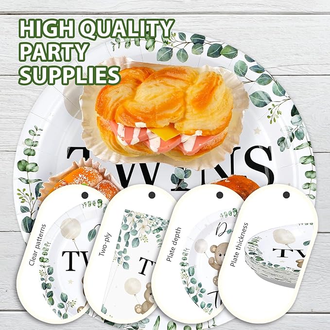 96 Pcs Twin Baby Shower Party Decorations Twin Bear Paper Plates and Napkins It's Twins Sage Green Disposable Tableware Set for Twins Baby Shower Boys Girls Birthday Party Supplies, Serves 24