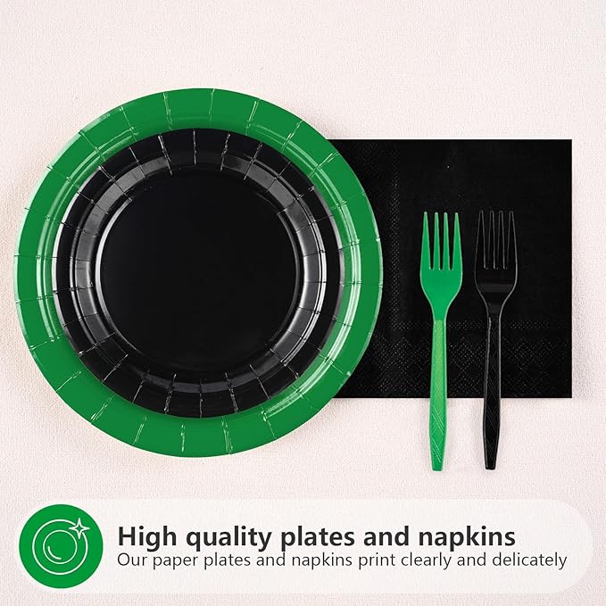 Grencian 96Pcs Green and Black Birthday Decorations Graduation Party Plates and Napkins Solid Color Disposable Heavy Duty Green and Black Tableware Set for Graduation Decorations 2026