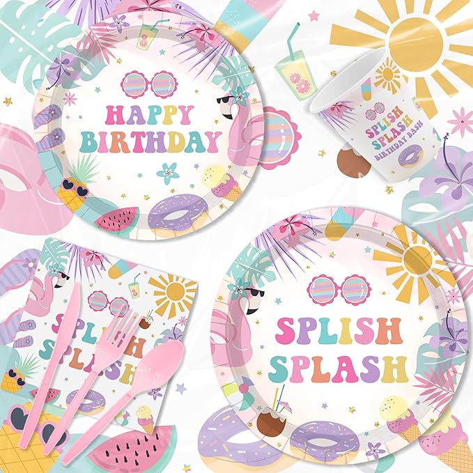 MEHOFOND Splish Splash Birthday Party Supplies Tableware Set 193 Pcs, Summer Pool Party Disposable Plates Cups Napkins Cutlery with Plastic Tablecloth for Girls Tropical Birthday Party