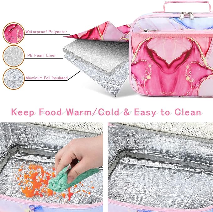 LOIDOU Kids Lunch Box for Girls, Cute Small Insulated Lunch Bag Tote Holds Lunch Box/Water Bottle/Snacks, Lightweight Water Resistant Toddler Lunch Bag for Daycare/School, Pink
