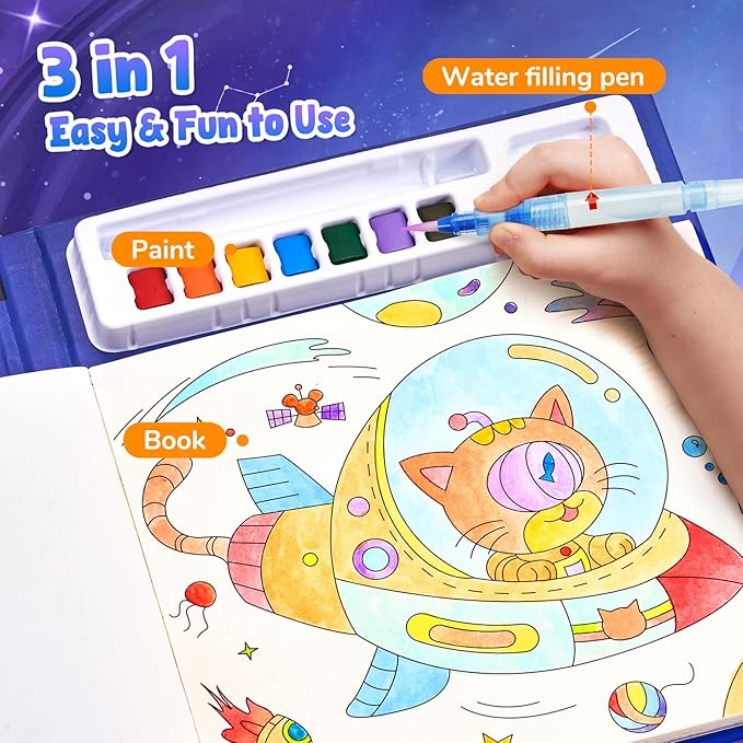 JoyCat Paint with Water Coloring Books, Art & Craft Activity, No Mess Art for Kids Ages 4-8, Craft Kits & Supplies, DIY Creative Activity, Gifts for Girls & Boys (Space)