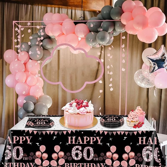 41Pcs 60th Birthday Decorations for Women, Vintage 60 Birthday Black and Rose Gold Disposable Paper Plates and Napkins Party Supplies for 20 Guests, 41Pcs Include 7" Plates Napkins and Tablecloth