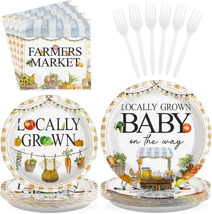 Grencian 96Pcs Locally Grown Baby Shower Decorations Farmers Market Party Plates and Napkins Vegetable Theme Disposable Tableware for Food Market Party Baby Shower Decorations Serves 24