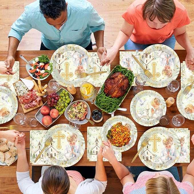 96Pcs First Communion Plates and Napkins for Baptism God Bless Party Supplies Green Mi Primera Comunion Paper Dessert Plates Tableware Set for Boy 24 Guests Baby Birthday Christening Party Decorations