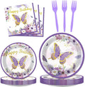 ZOIIWA 96 PCS Purple Butterfly Birthday Party Tableware Set - Butterfly Themed Party Decorations, Plates, Napkins, Forks for Girls, Women, Baby Shower Favors