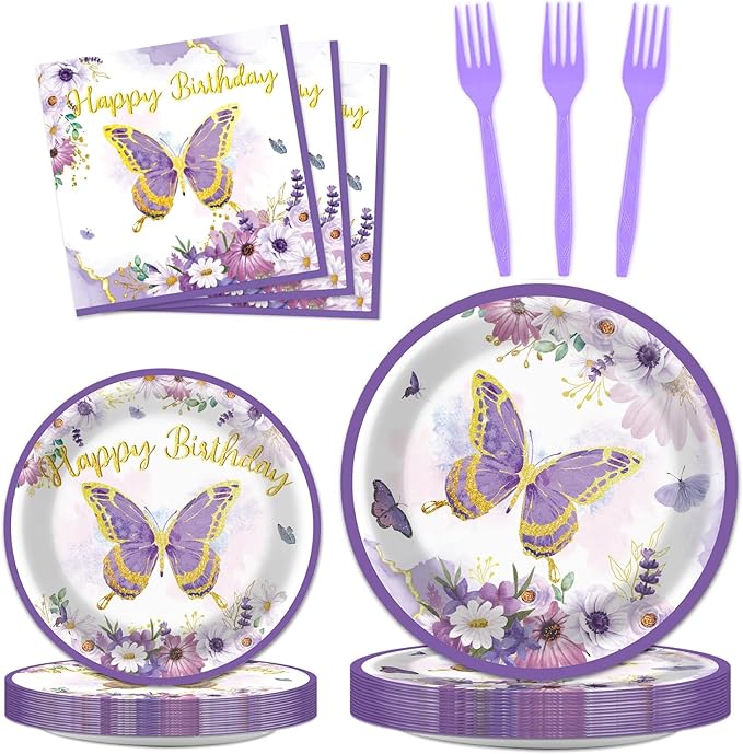 ZOIIWA 96 PCS Purple Butterfly Birthday Party Tableware Set - Butterfly Themed Party Decorations, Plates, Napkins, Forks for Girls, Women, Baby Shower Favors
