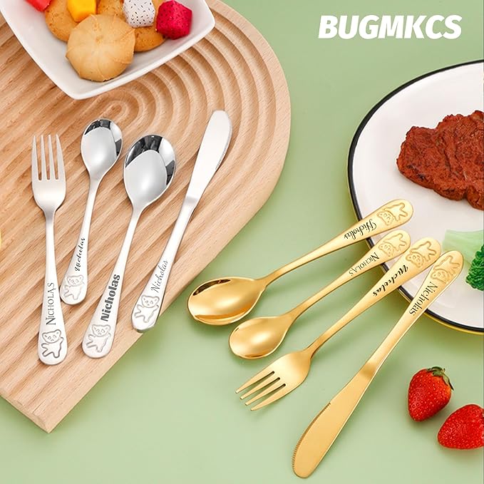 Customized Toddler 4pcs Set Tableware, BUGMKCS Personalized Kids Utensils and Toddler Supplies, 304 Stainless Steel Children Forks and Silverware with Name for Feeding, Kids Cutlery Set