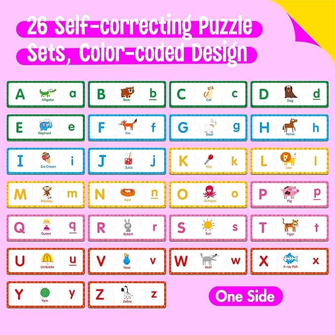 Alphabet & Number Puzzles, 26 Self-Correcting Matching Puzzle Set, 3-Piece Double-Sided Puzzle Cards, Educational Game for Kindergarten Readiness, Preschool Learning Activities, Homeschool Supplies