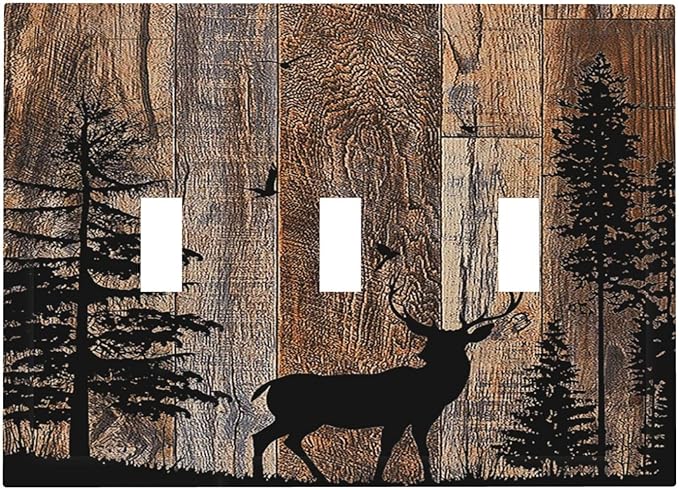 Decorative Switch Plates Rustic Forest Antler Elk Deer Silhouettes Animals Wood Grain 3 Gang Wall Plate Faceplate Triple Toggle Light Switch Cover Electrical Wall Panels for Farmhouse Home