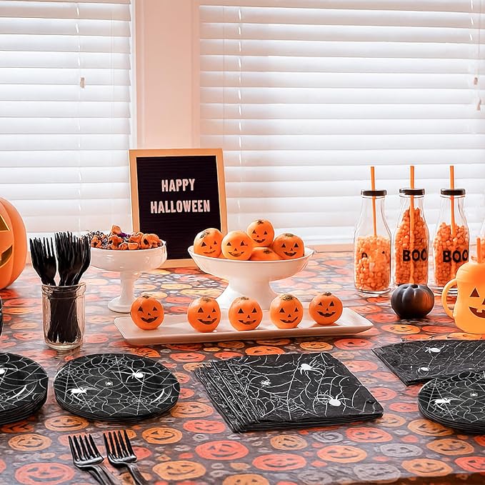 100 Pcs Halloween Spider Web Tableware Party Supplies Set, Serves 25 – Disposable Spiderweb Paper Plates, Napkins, and Forks, Spooky Dinnerware for Haunted House, Trick-or-Treat Party Decorations
