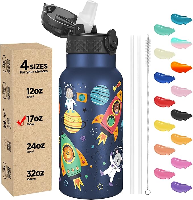 Han's Bottle Kids Water Bottle with Straw Lid - Insulated Stainless Steel Reusable Tumbler for Girls,Boys,Thermo Mug,17oz,Cosmic Animals