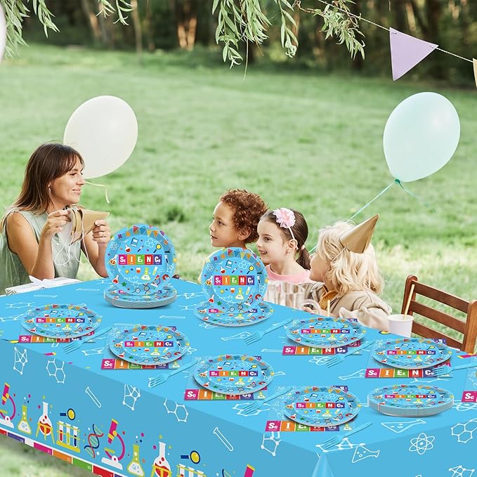 chiazllta Science Party Supplies Tableware Set for 20 Guests Little Scientist Party Birthday Plates Laboratory Decorations Includes 7inch Plates, Napkins, Tablecloth Favor