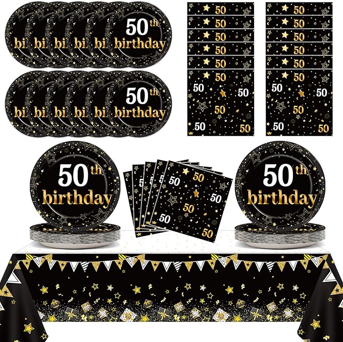 50th Birthday Party Supplies Serves 24 Black and Gold 50 Years Old Party Paper Dessert Plates Napkins Cheers to 50 Years Decorations Tablecloth Set Tableware Kit for Man Retirement Graduation