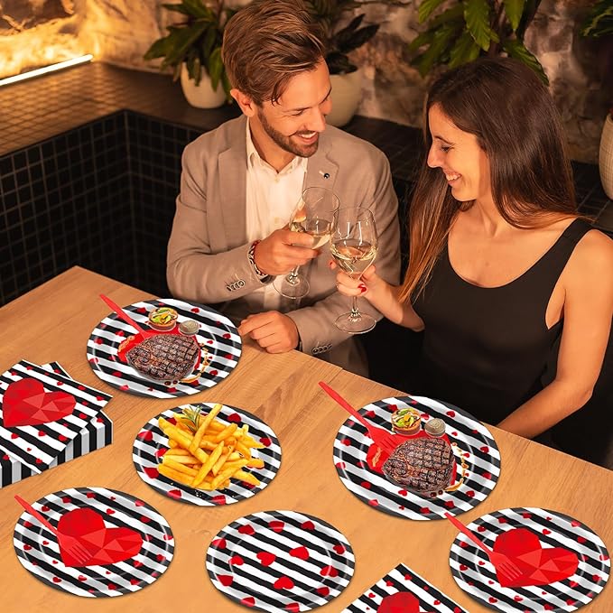 Wiooffen 96 Pcs Valentine's Day Party Plates Napkins Tableware Set Valentines Red Love Heart Stripe Supplies Disposable Dinnerware Valentine's Day Decoration Favors for Wedding 24 Guests