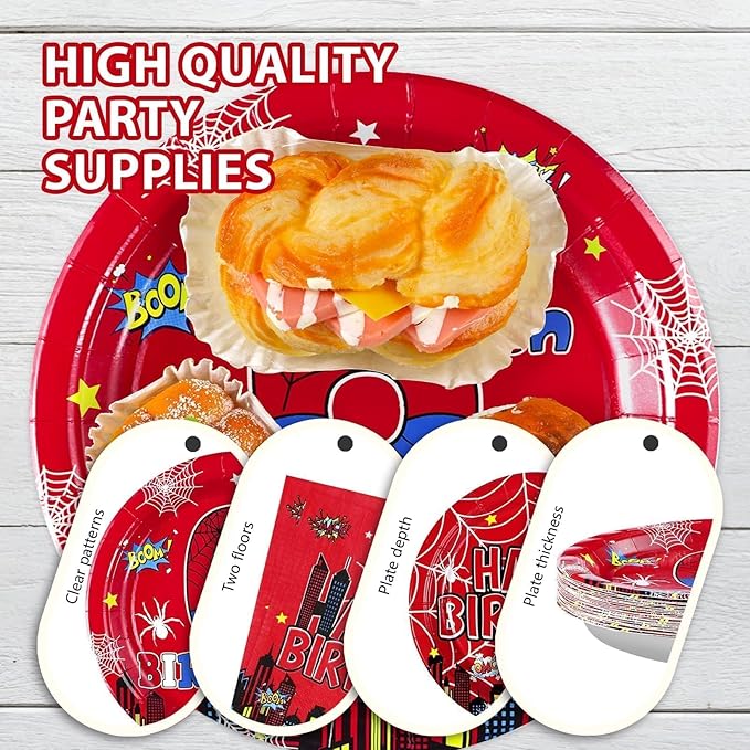 Grencian 96Pcs Cartoon Spider 6th Birthday Party Decorations Red Blue Spider Birthday Party Plates and Napkins Disposable Super Theme Tableware Set for 6 Year Old Boys Party Decorations Serves 24