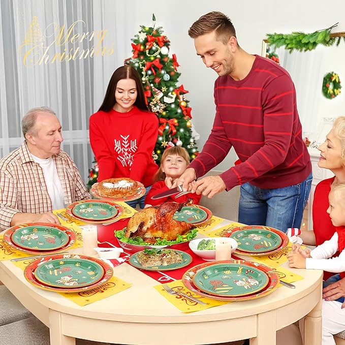 72PCS Christmas Plates and Napkins for Party Decorations, Set of 24 Merry Christmas Disposable Tableware Supplies, Cute Cats Themed Christma Paper Plates for Xmas Party