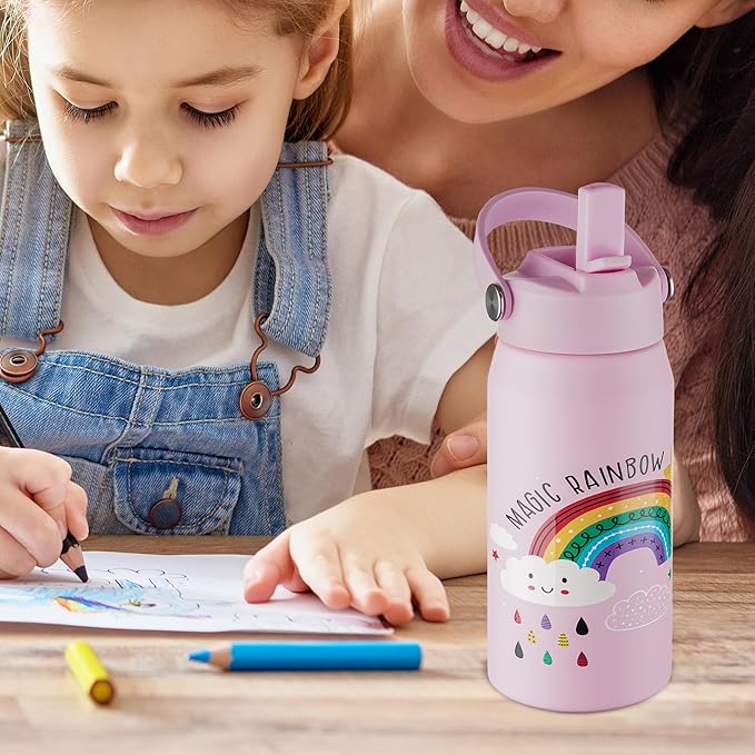 OLDLEY kids Water Bottle - 18oz Insulated Stainless Steel - Wide Straw Lid, Non Spill, Leakproof, Kids Water Bottle for School,Rainbow