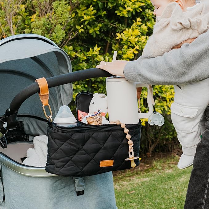 Beautiful Stroller Caddy Organizer With 2 Cup Holders – Luxury Stroller Bag, Universal Fit, Leather Straps & Zipper Pocket – Spacious Accessories Perfectly Fits Doona, Nuna & Uppababy Strollers