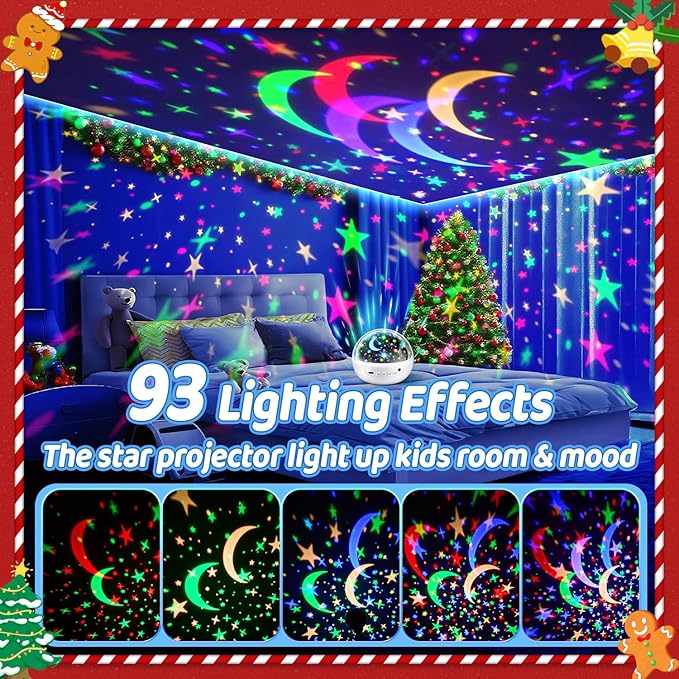 COOLNIGHT Boy Room Decor, 93 Lighting+3 Films Toddler Room Decor, Remote+Dimmable+360° Slient Nightlight for Baby Nursery, Starry Night Light Up Toys, Moon Projector (White)