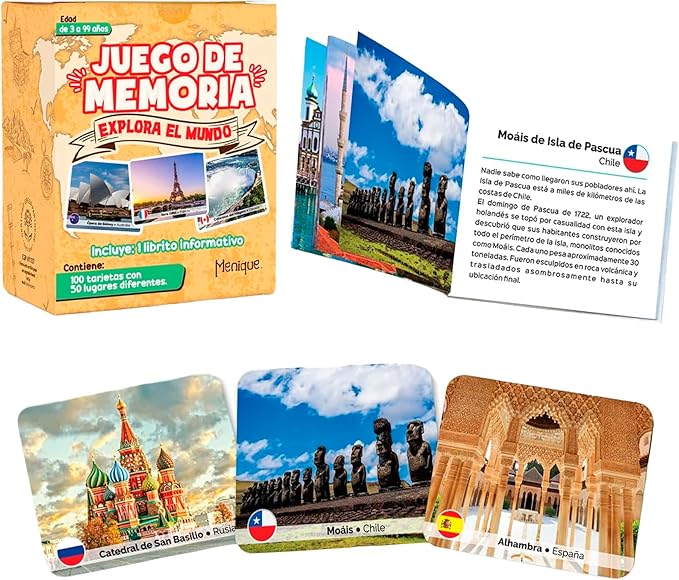 Menique Explore The World Memory Matching Game – Spanish Edition – 100 Cards (50 Pairs) with Iconic Landmarks, Country & Flag – Educational Geography Game in Spanish.