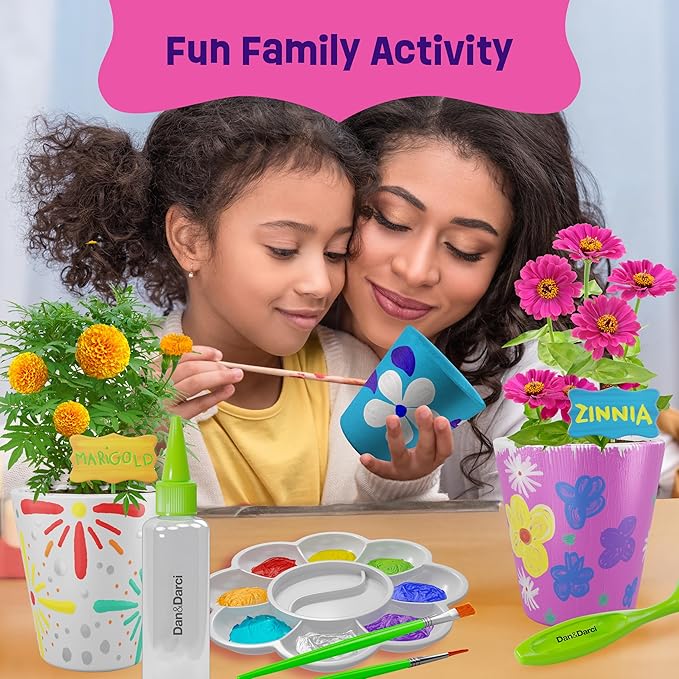 Dan&Darci Paint & Plant Stoneware Flower Gardening Kit - Gifts for Girls & Boys Ages 6-12 - Kids Arts & Crafts Project Birthday Gift, STEM Activity for Age 6, 7, 8, 9, 10, 11 & 12 Year Old Girl