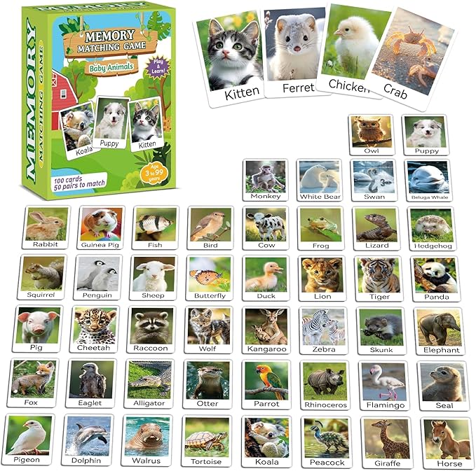 gisgfim 100 PCS Memory Matching Game Animal Babies Concentration Memory Card Educational Game for Kids Adults A Fun & Fast Baby Animals Game Toddlers Preschool Family Board Gift Matching Games