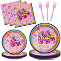 Qyeahkj 100 Pcs Roller Skating Party Plates and Napkins Set Pink Roller Skate Birthday Decorations Supplies Tableware Roll Skating Themed Party Favors for Girls Birthday Decorations Serves 25