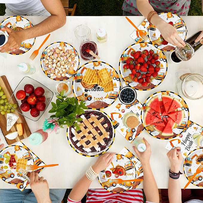 100 Pcs Construction Birthday Party Supplies - Construction Themed Plates and Napkins Forks Set, Disposable Dump Truck Tableware for Boys Kids Birthday Party Decorations Favors, Serve 25 Guests