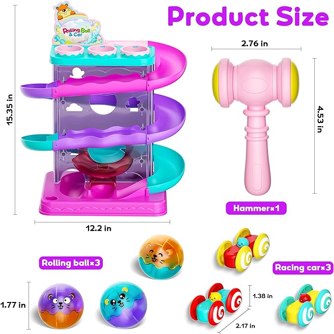 2-in-1 Rolling Ball & Car Ramp Race Track for Toddlers, Hammer Ball Drop Toy for Boys & Girls, Interactive Playset w/Sensor Lights - Montessori STEM Learning Toys for Kids 1-5+ Year Old