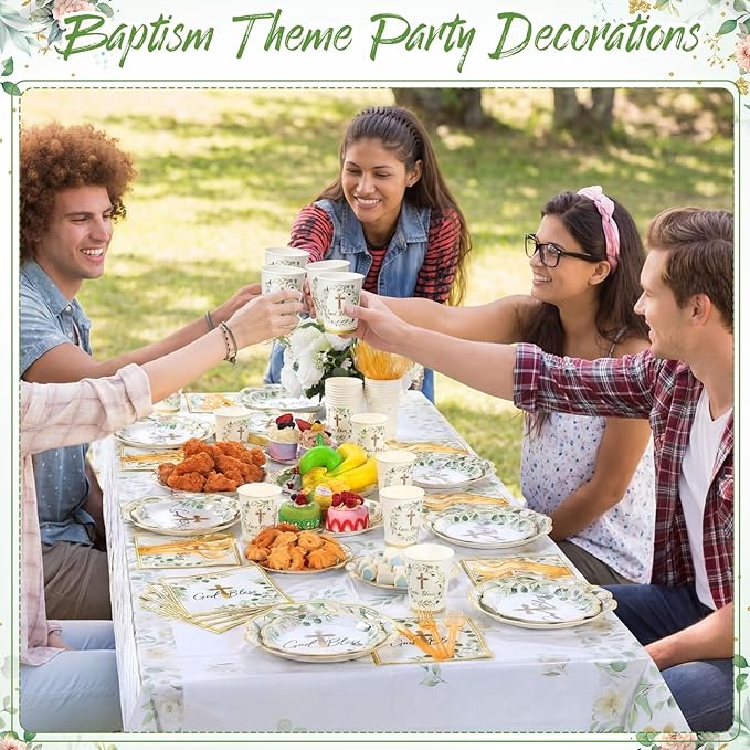 Pickmesh 194 Pcs God Bless Baptism Party Decoration Boy for 24, Sage Green Baptism Confirmation Paper Plate Napkin Cup Tablecloth Cutlery for First Holy Communion Christening Baby Shower Supplies